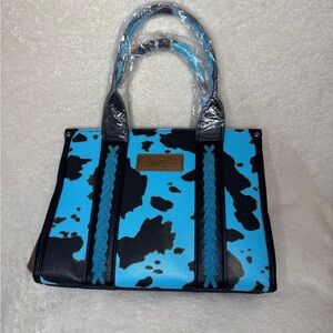 Wrangler Turquoise Cow Print Western Tote Bag With Crossbody Strap